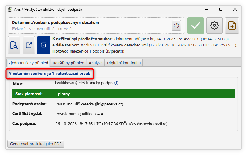 V�sledek ov��en� extern�ho podpisu na dokumentu PDF