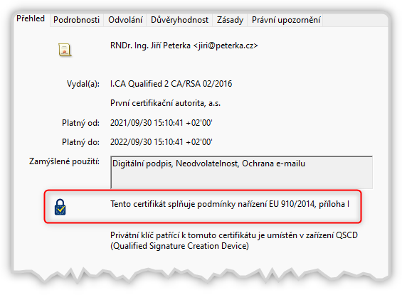 Ukzka zjitn, e jde o kvalifikovan certifikt