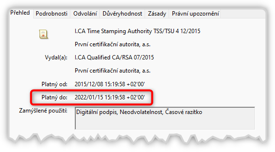 Konec řádné doby platnosti certifikátu časového razítka