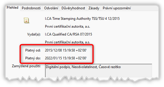 Doba platnosti certifikátu časového razítka
