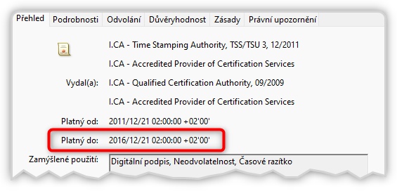 Konec řádné doby platnosti certifikátu časového razítka