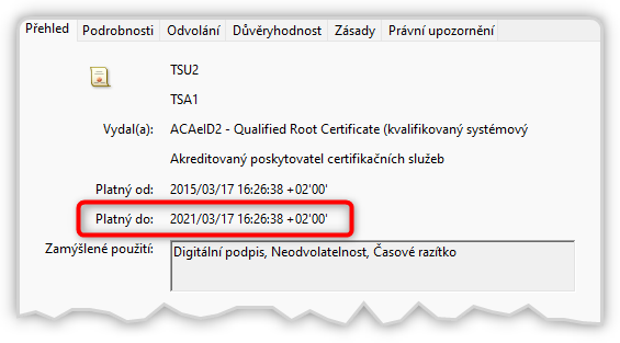 Certifikát, na kterém je založené samostatné kvalifikované elektronické časové razítko